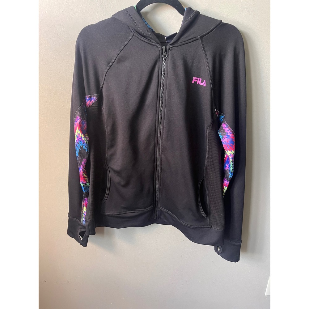 Fila Sport Performance Black Full Zip Hoodie Multi-Color Accents Thumbhole boho